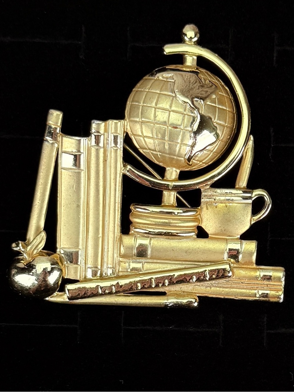 Goldtone Teacher School Globe and Books Weighted Brooch